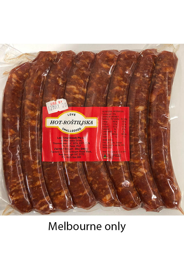 Love Smallgoods - BBQ sausages hot 500g best before:28/05/2024