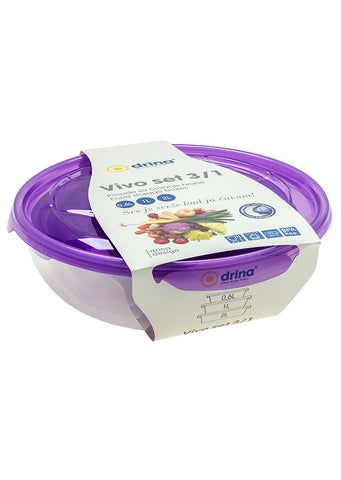 Plastic 3/1 food storage containers set with lids 0,6L+1L+2L Purple