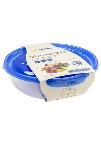Plastic 3/1 food storage containers set with lids 0,6L+1L+2L Blue