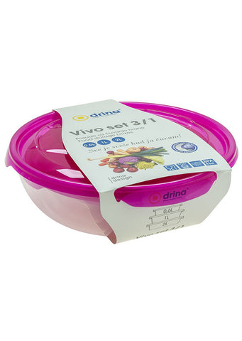 Plastic 3/1 food storage containers set with lids 0,6L+1L+2L Pink