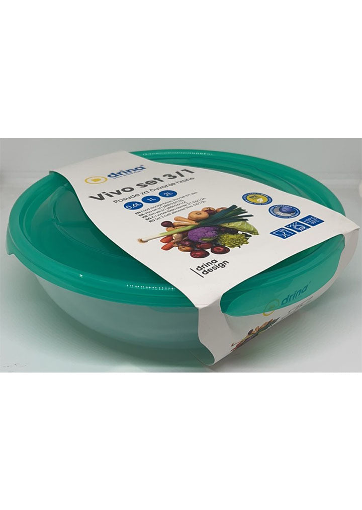 Plastic 3/1 food storage containers set with lids 0,6L+1L+2L Green