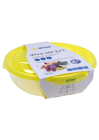 Plastic 3/1 food storage containers set with lids 0,6L+1L+2L Yellow